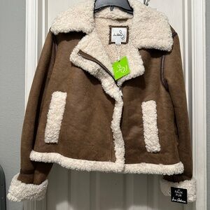 NWT: Sam Edelman Brown and Cream Cropped Faux Shearling Jacket Size XL